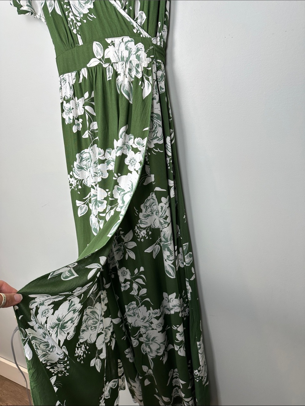 Patrons of Peace Olive Green White Floral faux Wrap Maxi Dress boho Cottagecore - Picture 5 of 11